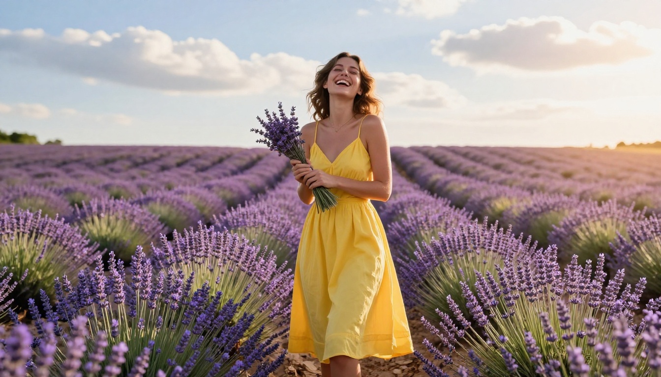 Young woman in yellow sundress laughing in lavender field in Provence, ground-level perspective, warm summer light Young woman in yellow sundress laughing in lavender field in Provence, ground-level perspective, warm summer light