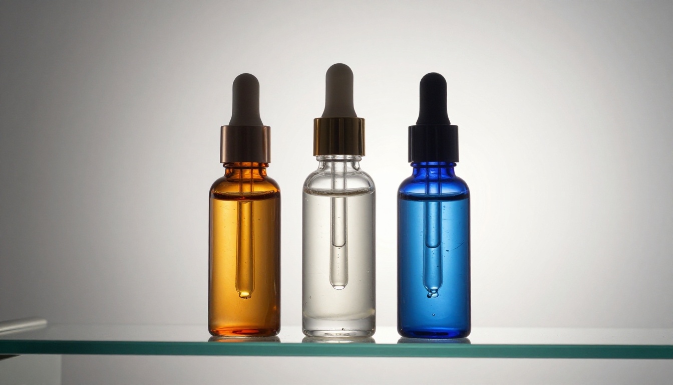 Luxury skincare serum bottles on frosted glass shelf professional shot Luxury skincare serum bottles on frosted glass shelf professional shot