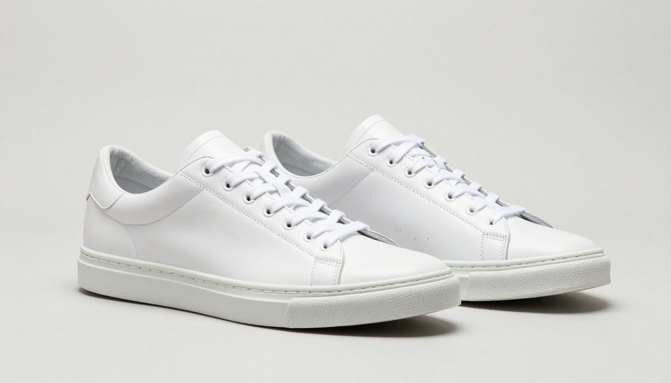 Premium white leather sneakers product photography on clean background Premium white leather sneakers product photography on clean background