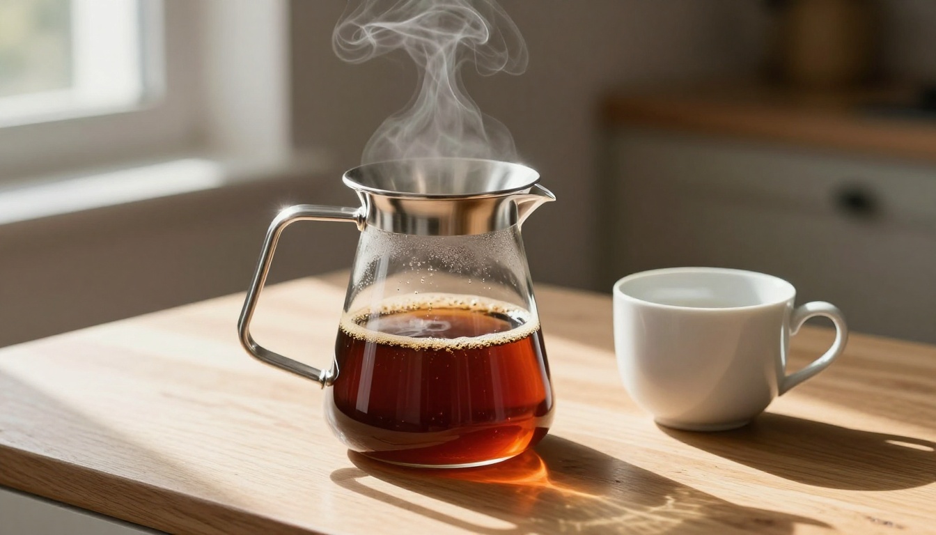 Stainless steel pour-over coffee maker on birch wood countertop Stainless steel pour-over coffee maker on birch wood countertop