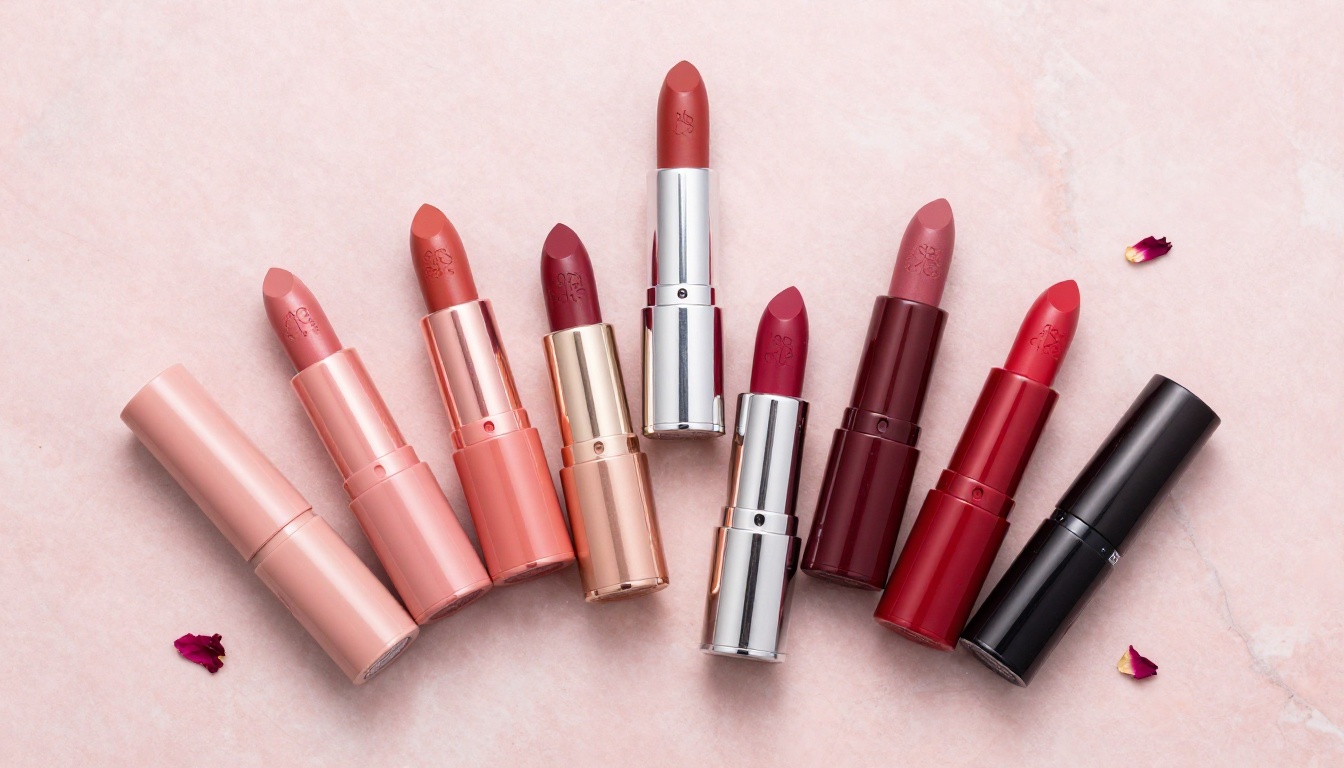 Luxury lipstick collection flat lay on rose marble surface beauty photography Luxury lipstick collection flat lay on rose marble surface beauty photography