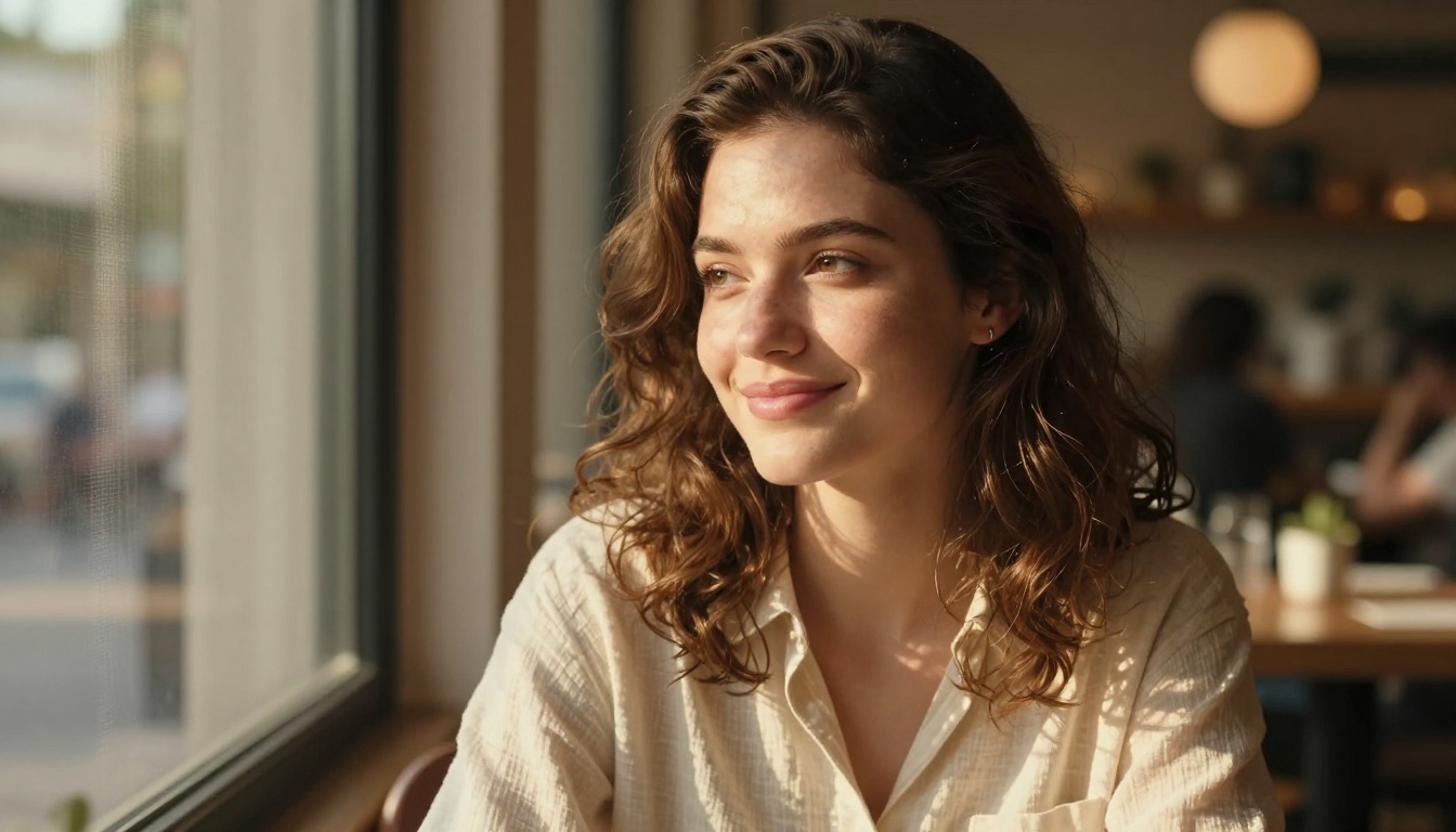 Photorealistic portrait of a young woman in a sunlit cafe window with natural bokeh and warm afternoon light