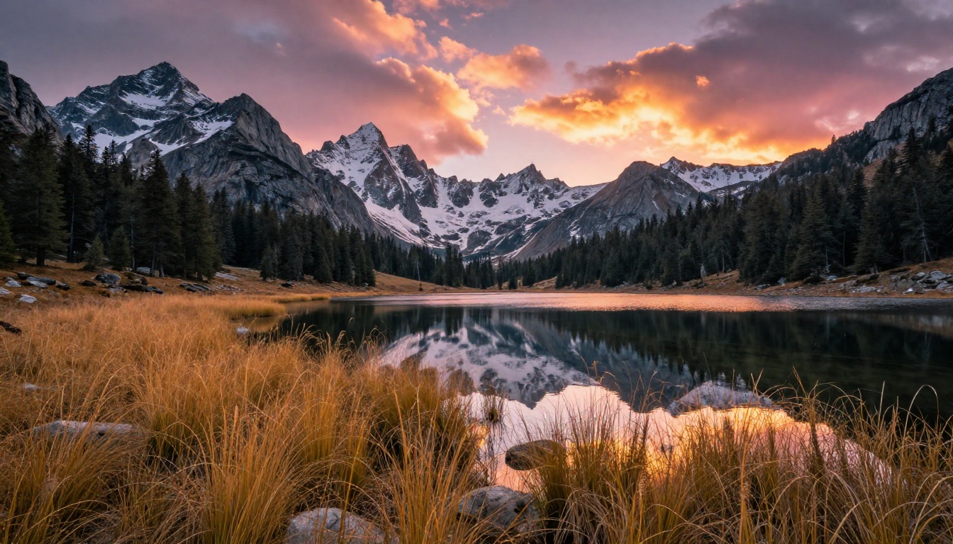 Vast alpine meadow at golden hour with snow-capped peaks reflected in a still glacial lake and dramatic cloud formations