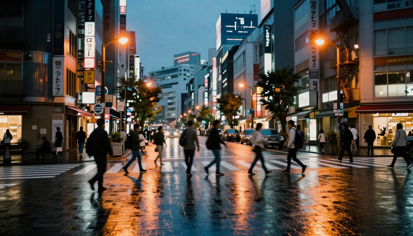 Busy Tokyo urban intersection at dusk with wet cobblestone pavement reflecting neon signs and warm streetlights