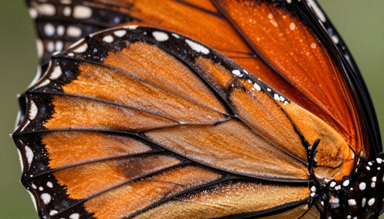 Extreme close-up macro photograph of a monarch butterfly wing showing intricate individual scale pattern and depth of field