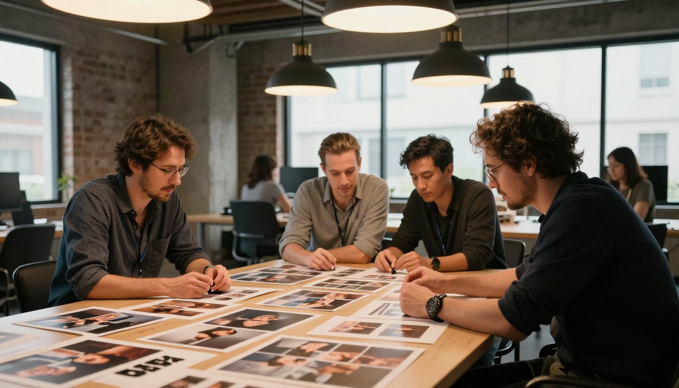 Three creative professionals collaborating over AI-generated photo prints on a conference table with warm industrial pendant lights