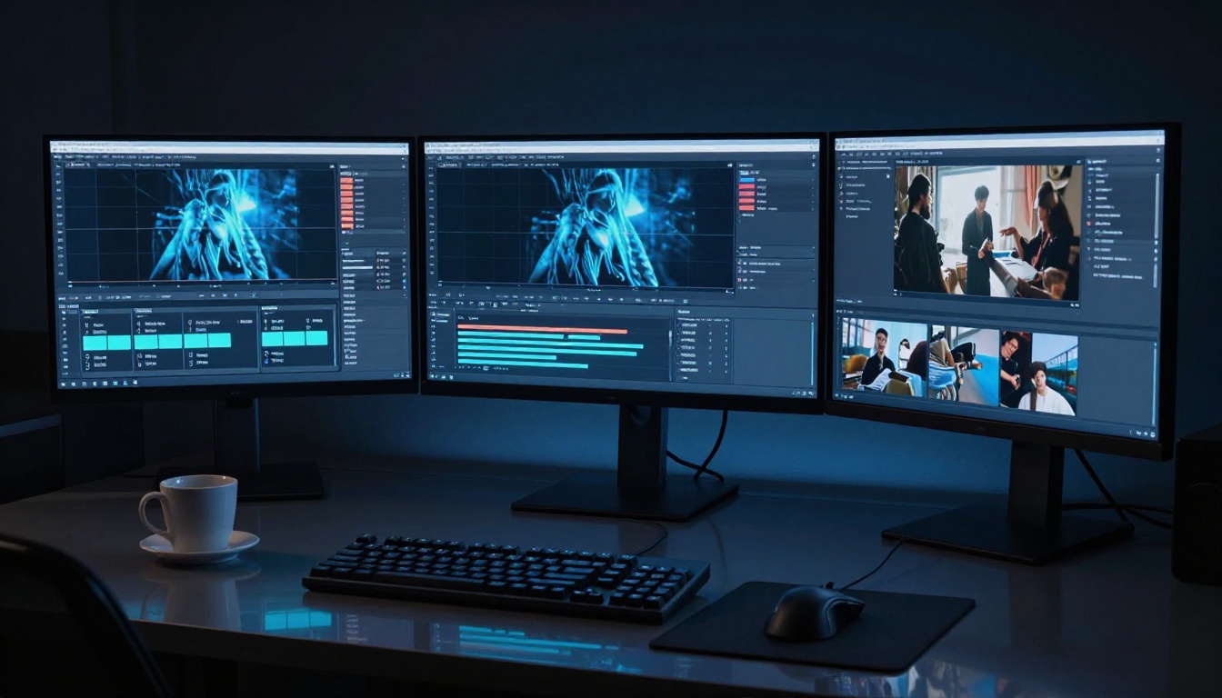 Triple monitor video generation dashboard at night Triple monitor video generation dashboard at night