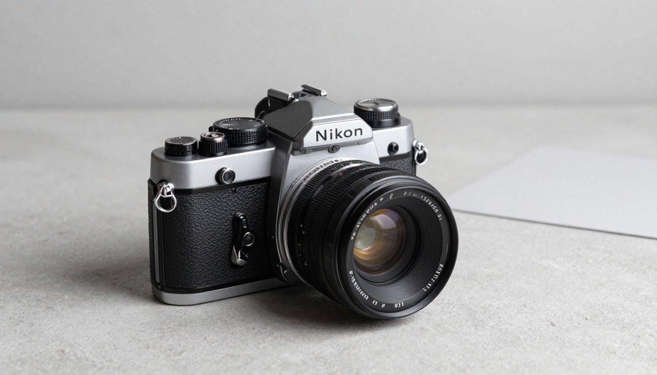 Minimalist product photography of a vintage 35mm film camera on polished concrete with directional studio strobe and clean white background
