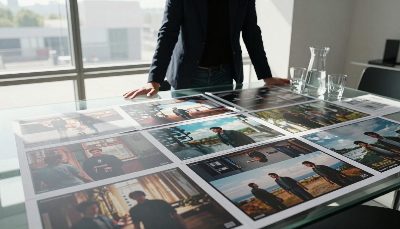 Creative director reviewing printed video frame comparisons on a conference table Creative director reviewing printed video frame comparisons on a conference table