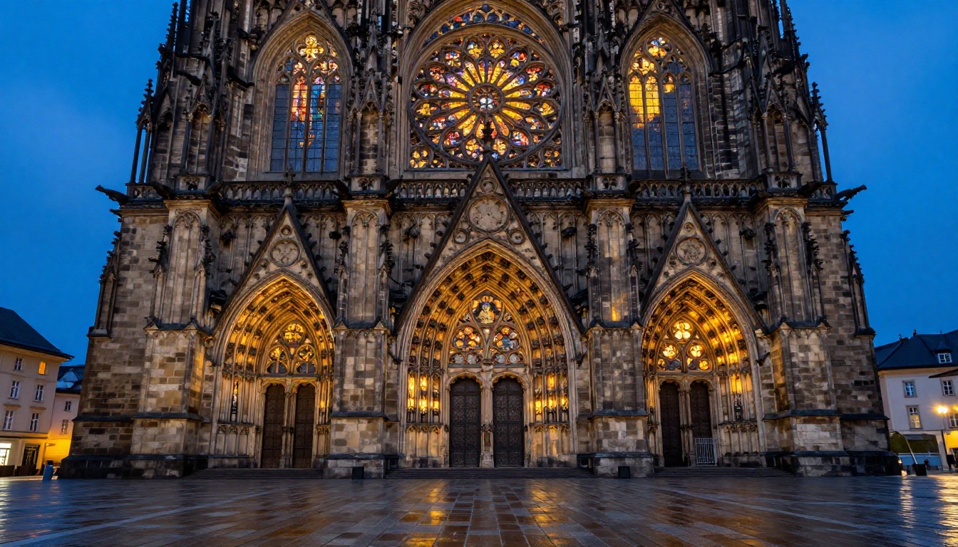 Gothic cathedral exterior at blue hour twilight with warm amber interior light radiating through ornate stained glass windows