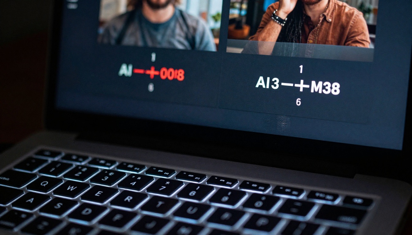 Laptop screen displaying side-by-side AI video generation comparison Laptop screen displaying side-by-side AI video generation comparison