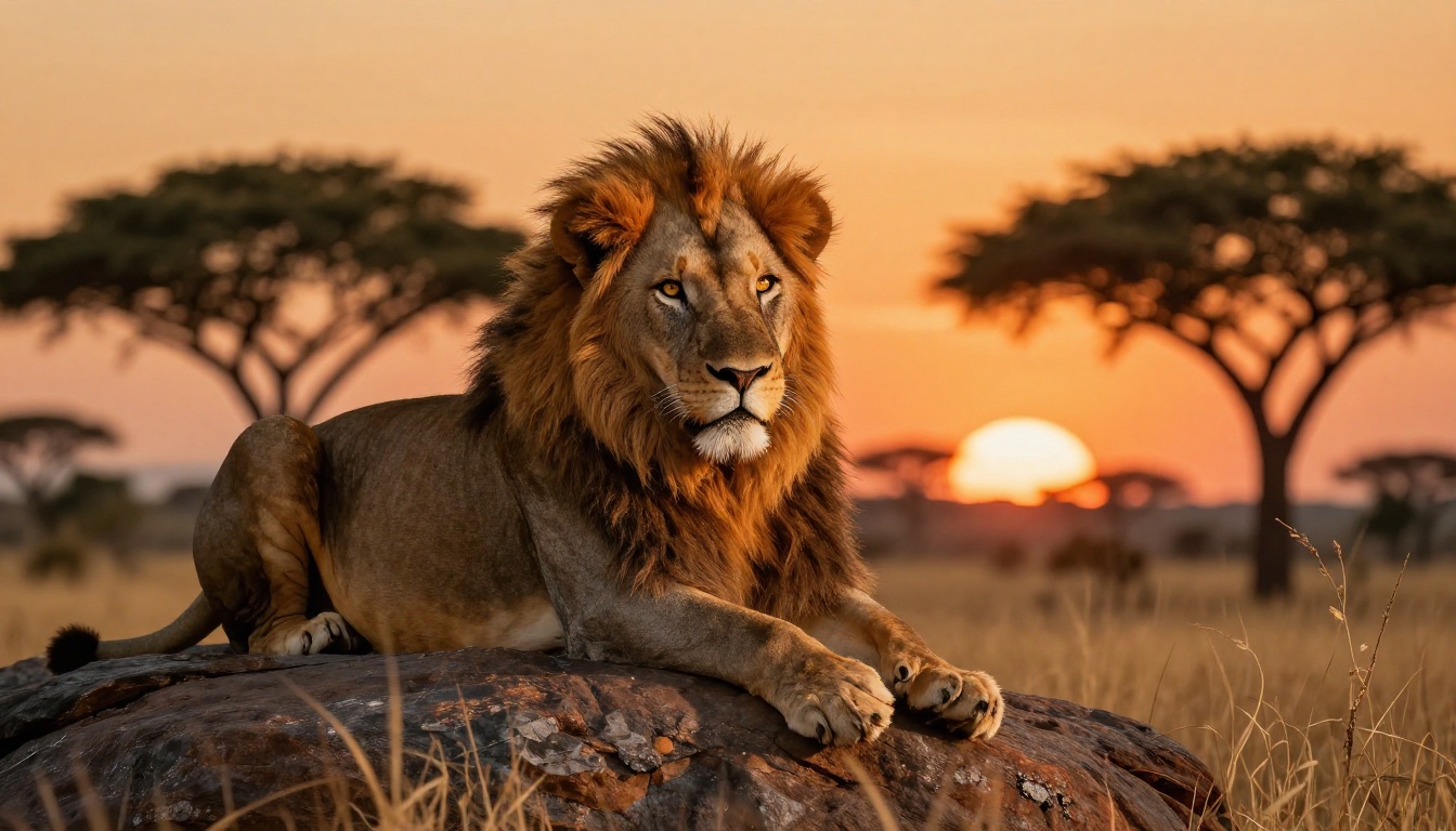 Male lion with thick mane resting on granite outcrop in East African savanna at golden hour with silhouetted acacia trees