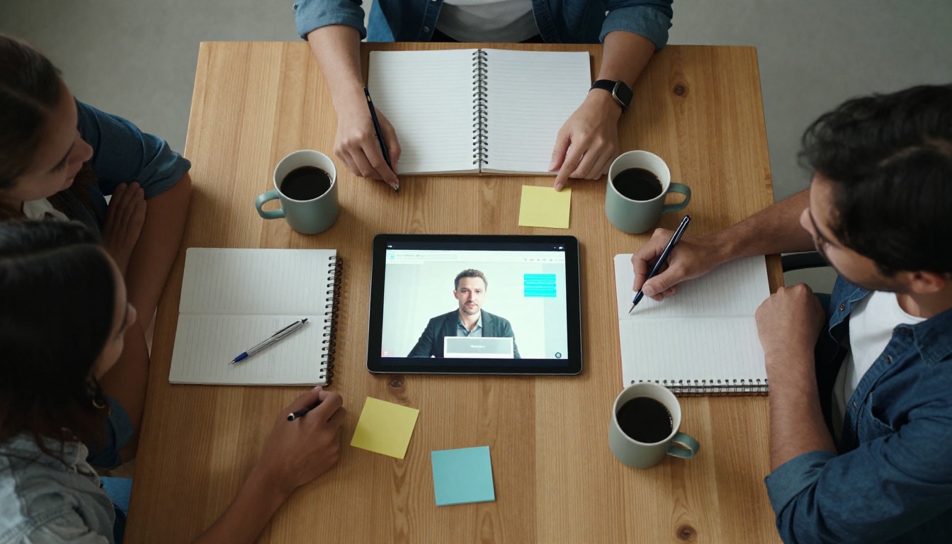 Creative team reviewing AI video output from above on a wooden table Creative team reviewing AI video output from above on a wooden table