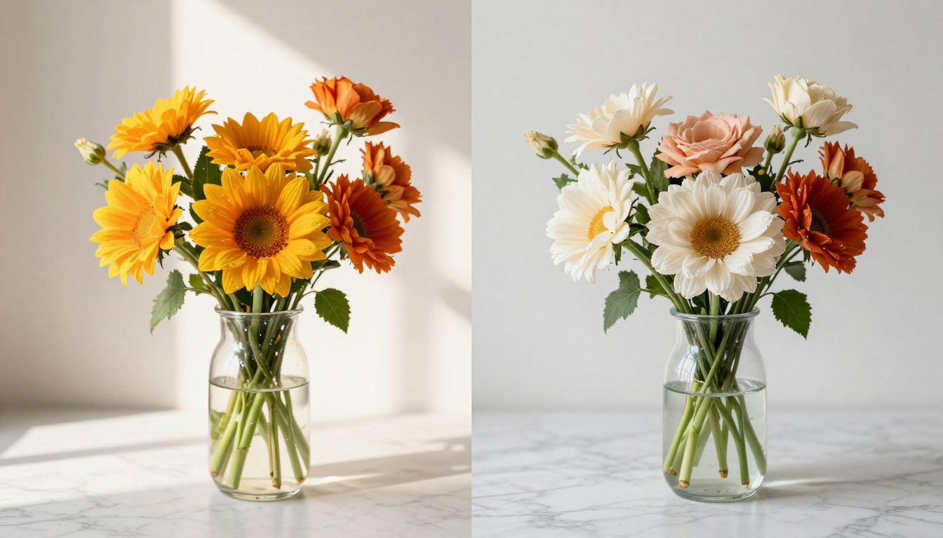 Comparative still-life arrangement on white marble showing two different color science interpretations side by side with natural window light