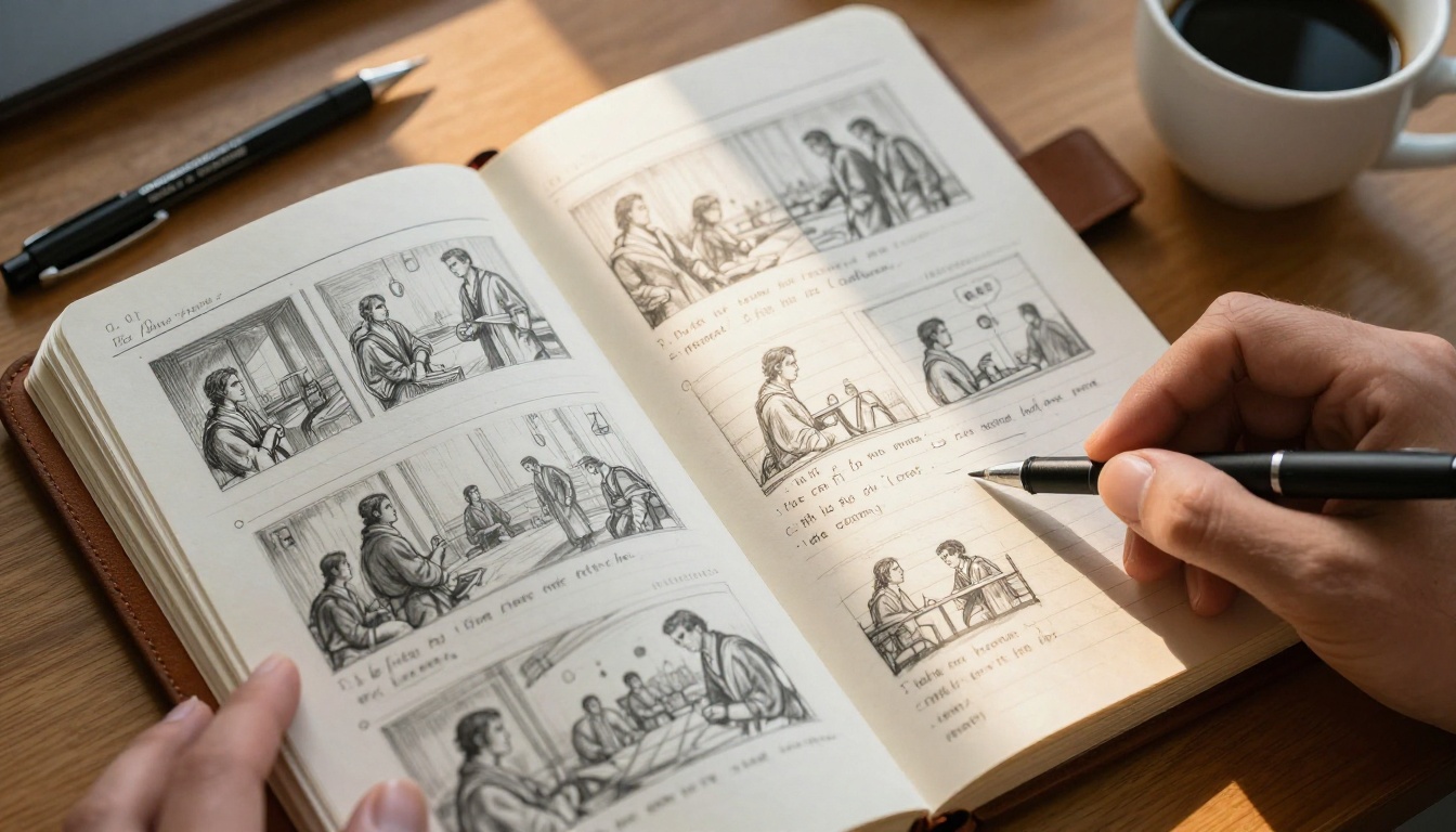 Filmmaker's storyboard notebook, pencil sketches, morning light close-up