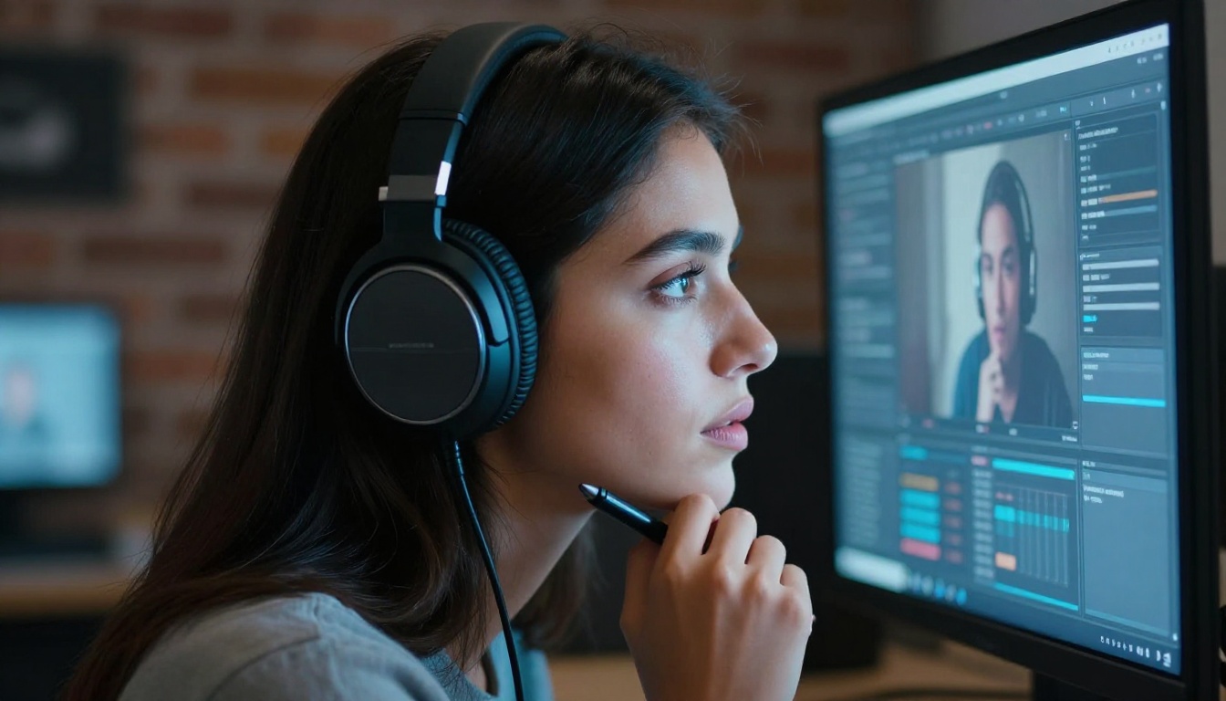 Young woman in profile watching AI-generated video with studio lighting Young woman in profile watching AI-generated video with studio lighting