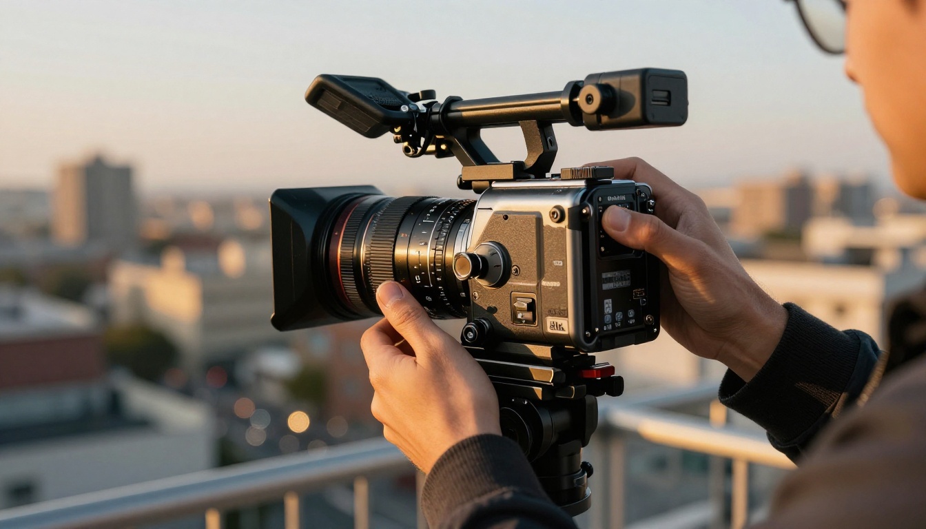 Filmmaker hands holding a cinema camera at golden hour Filmmaker hands holding a cinema camera at golden hour