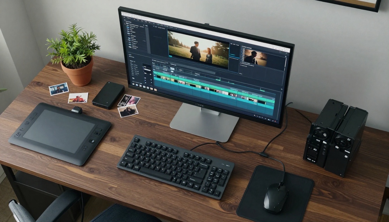 Professional video editing workstation, aerial overhead view
