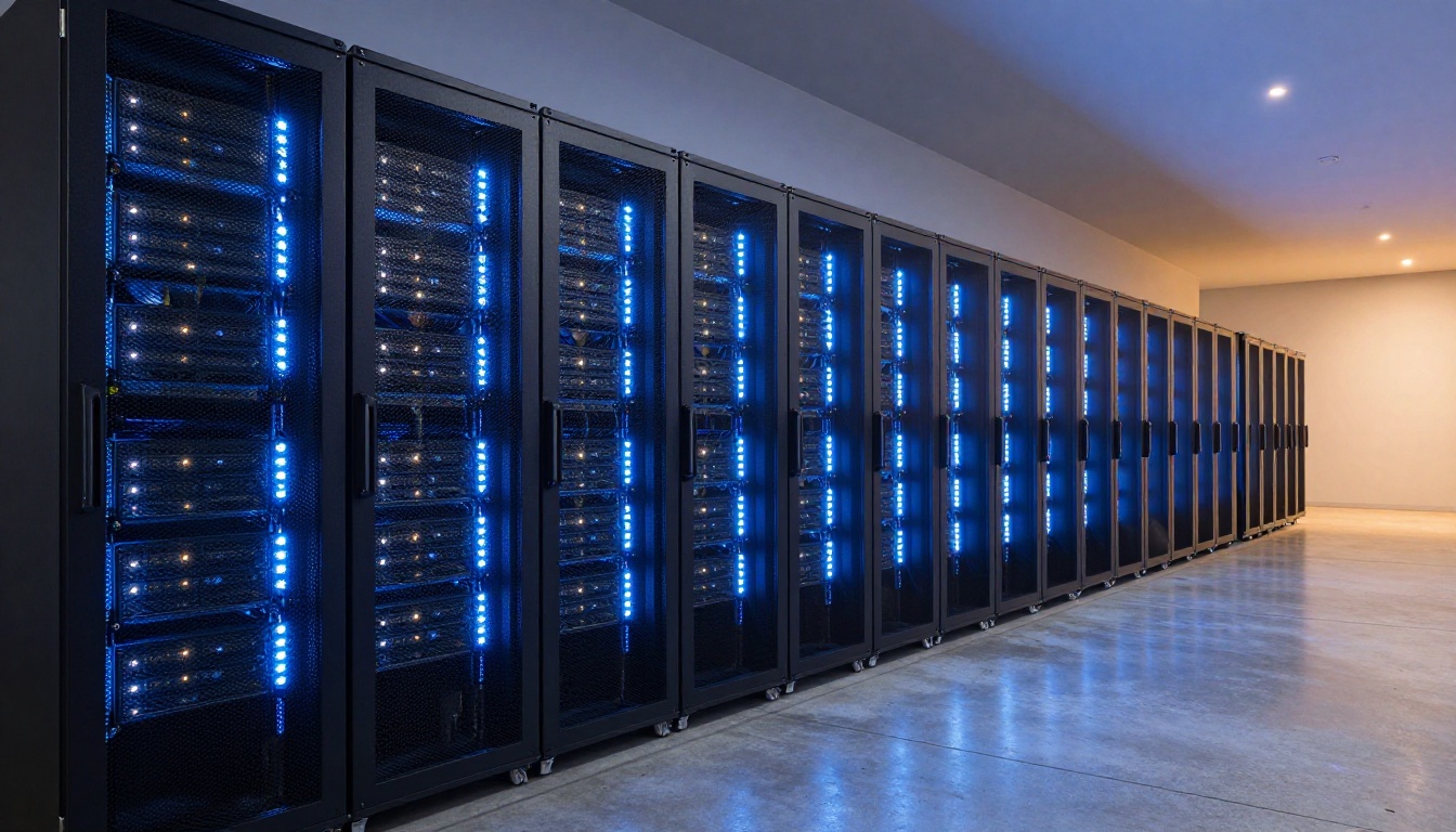 GPU server room rows lit in cool blue with blinking LED indicators GPU server room rows lit in cool blue with blinking LED indicators