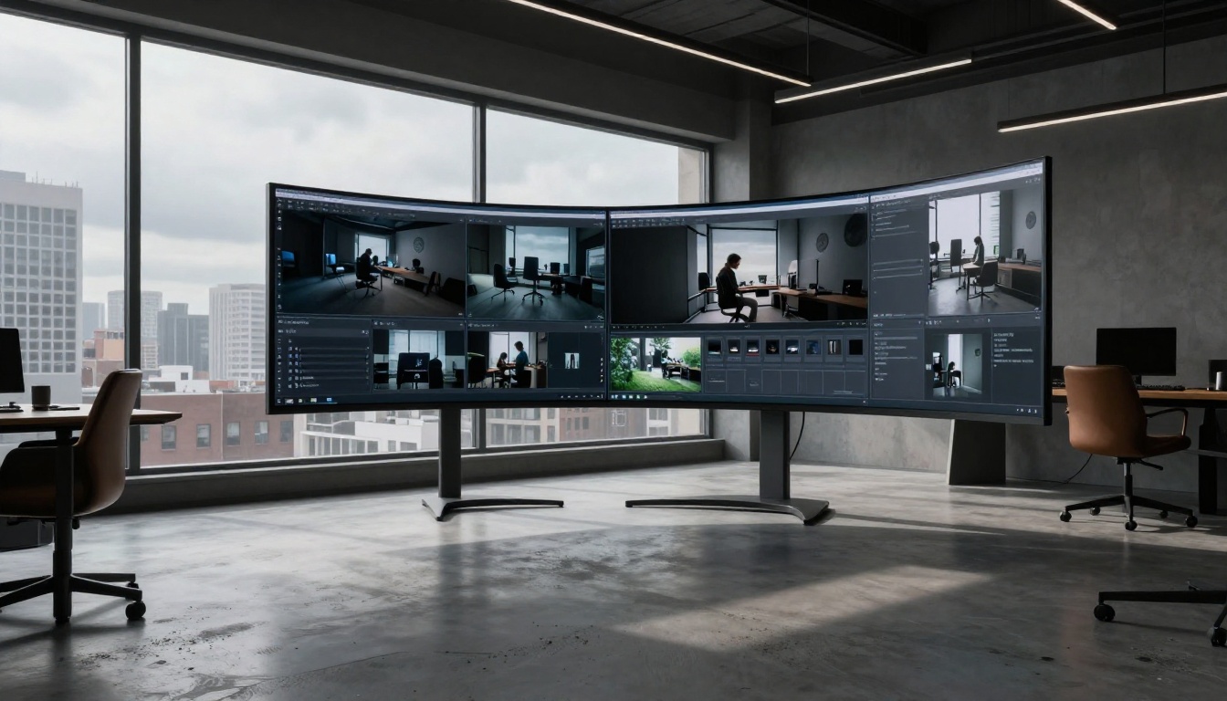Split-screen AI video comparison on a studio ultrawide monitor Split-screen AI video comparison on a studio ultrawide monitor