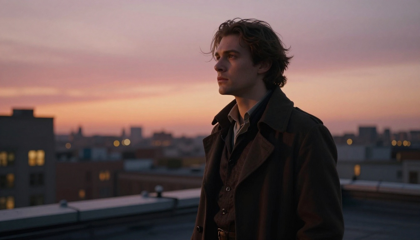 Actor in period costume on golden-hour rooftop, low-angle 85mm