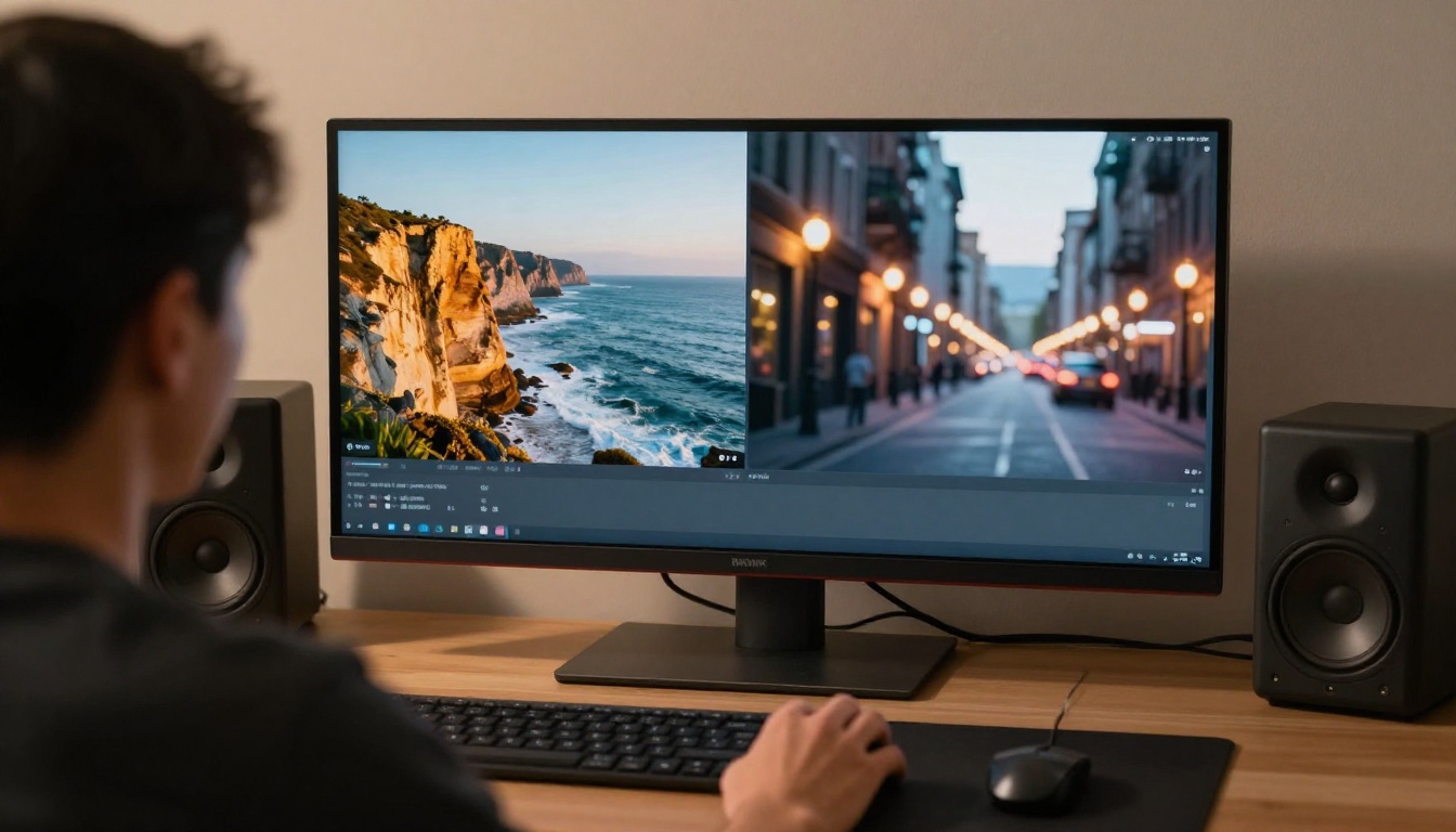 Video producer comparing AI-generated video thumbnails on a large monitor Video producer comparing AI-generated video thumbnails on a large monitor