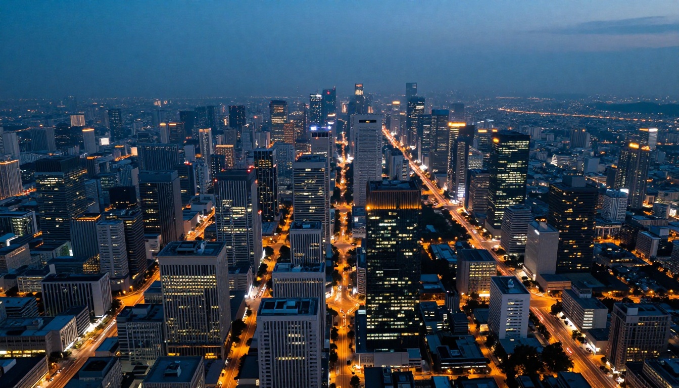 Aerial drone view over a metropolitan downtown at blue hour with light trails Aerial drone view over a metropolitan downtown at blue hour with light trails