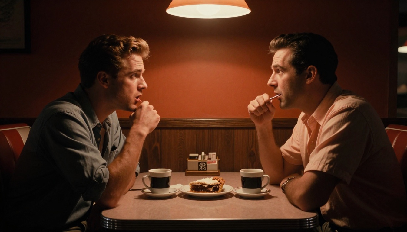Two actors in intense dialogue at dimly lit 1950s diner