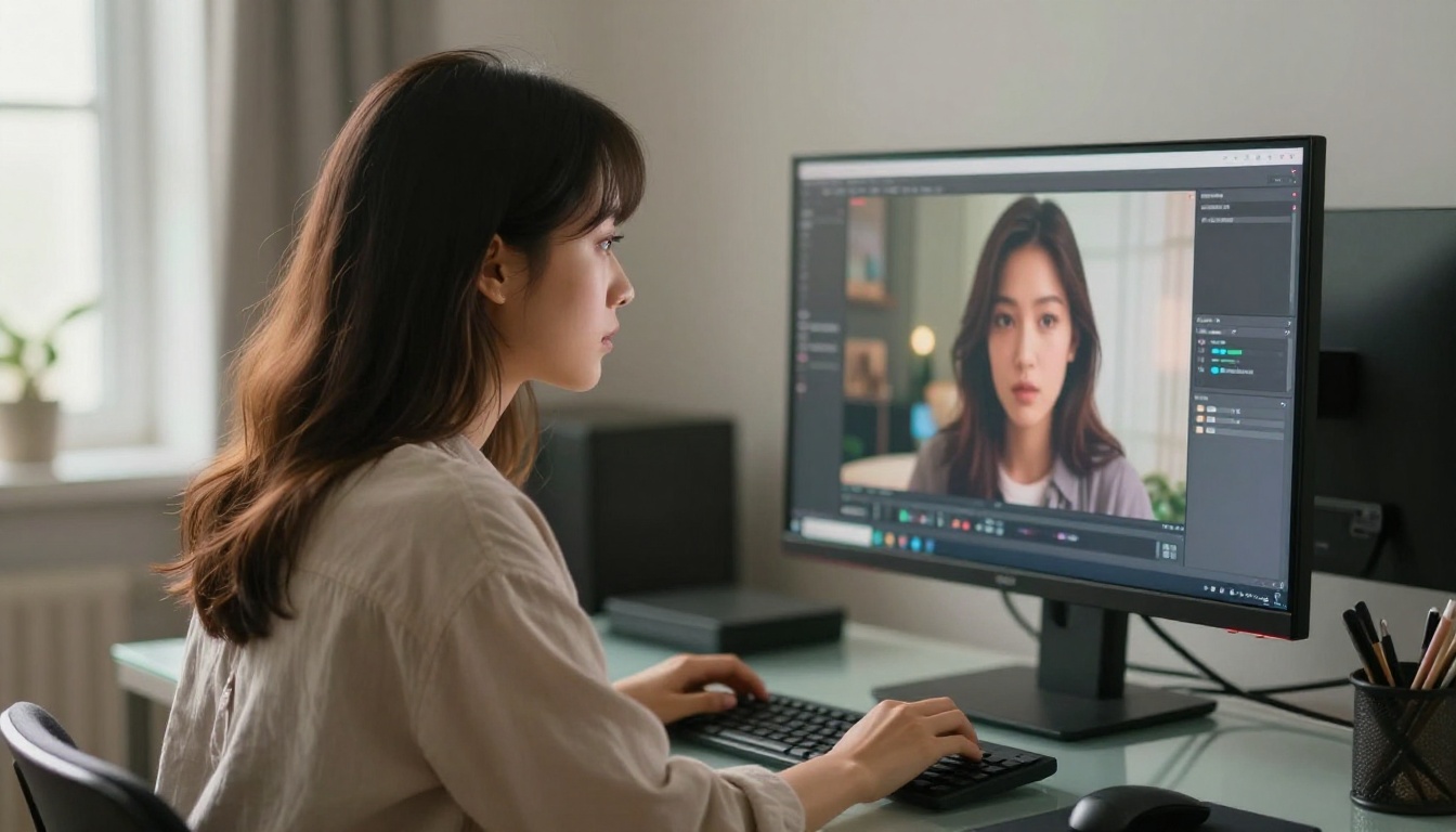 Young woman intently watching AI video playback on a color-calibrated monitor Young woman intently watching AI video playback on a color-calibrated monitor