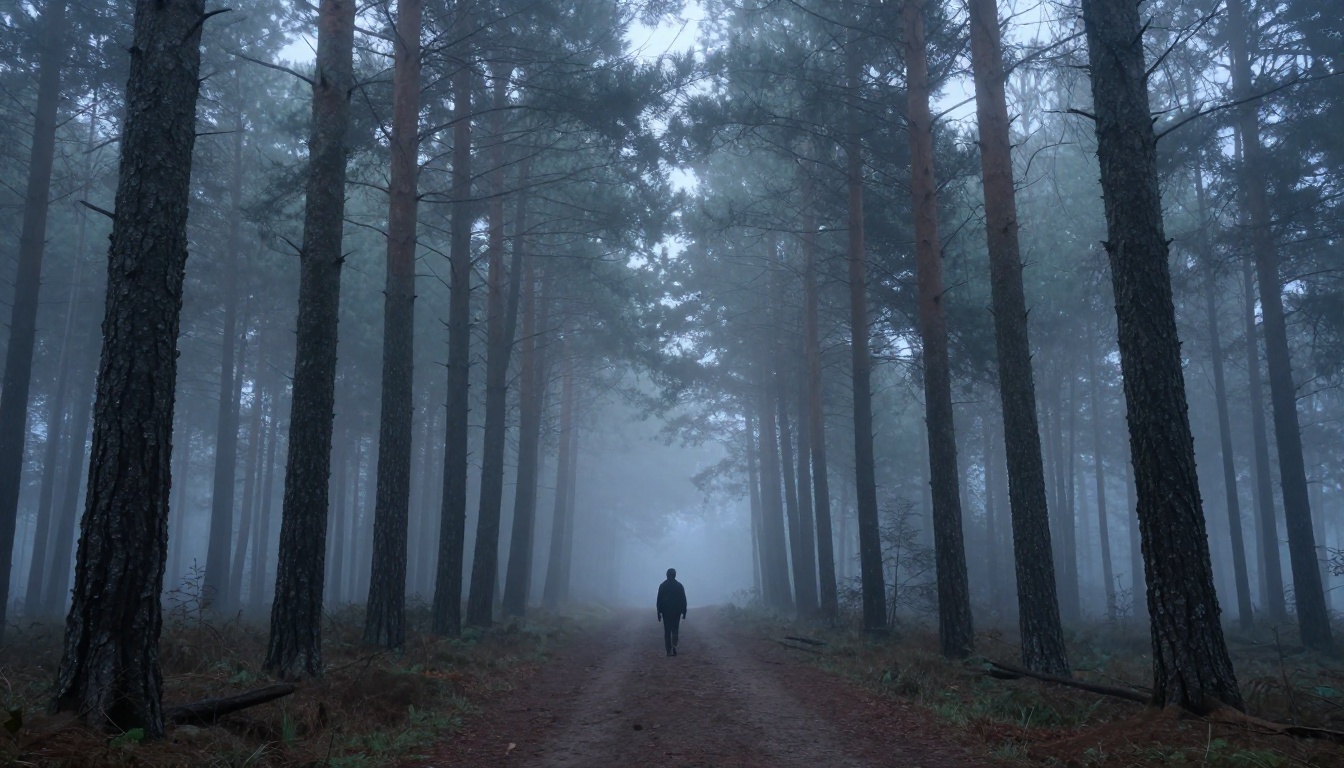 Wide misty forest at dawn, lone figure on dirt path, Kodak Ektar tone