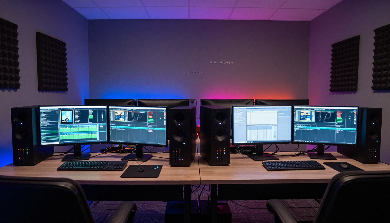 Low-angle view of dual post-production workstations with ambient lighting Low-angle view of dual post-production workstations with ambient lighting