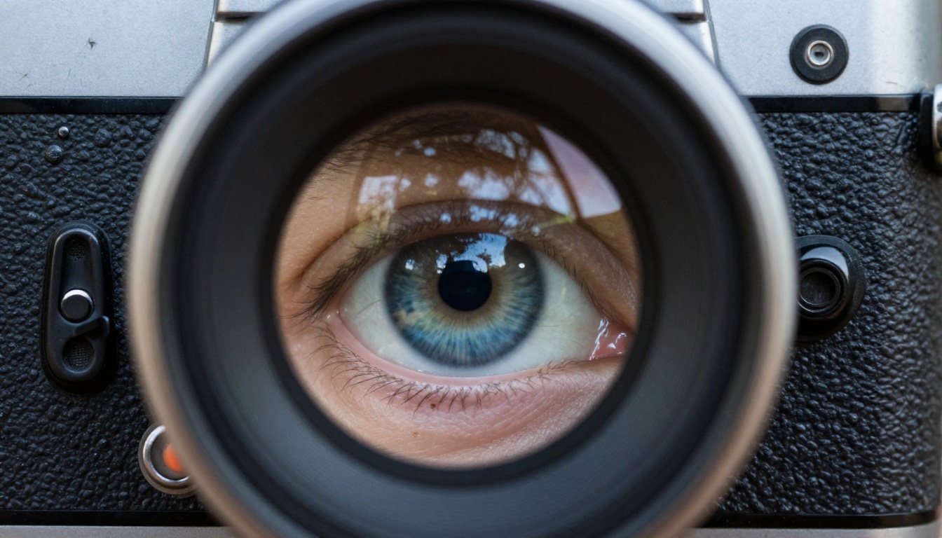 Director's eye reflected in camera viewfinder, macro close-up, studio side light