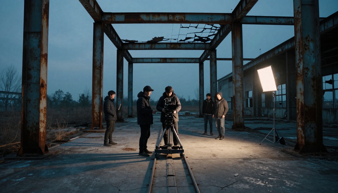 Film crew at abandoned warehouse during blue hour, wide shot through broken window