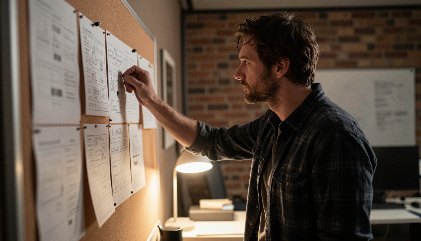 Male video director reviewing a storyboard pinned to a corkboard wall Male video director reviewing a storyboard pinned to a corkboard wall