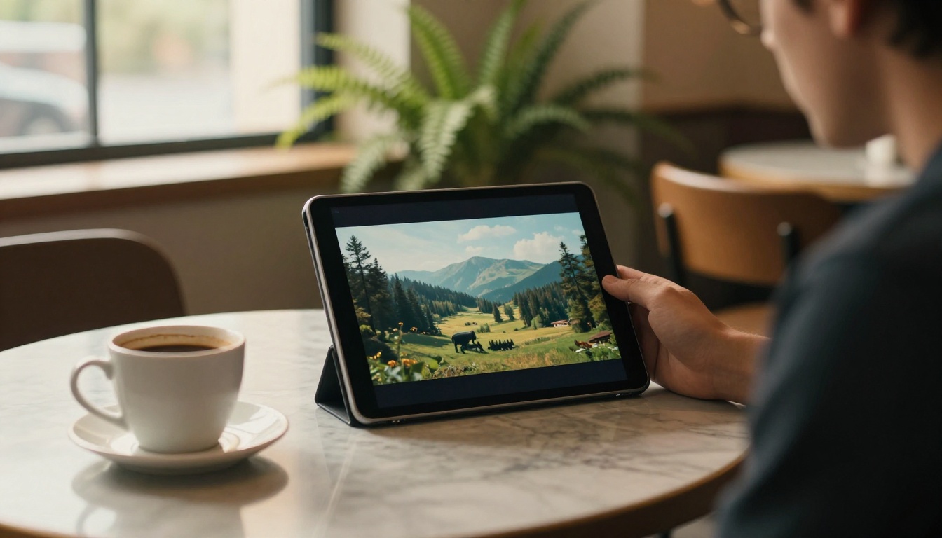 Filmmaker reviewing video footage on tablet at cafe, natural window light
