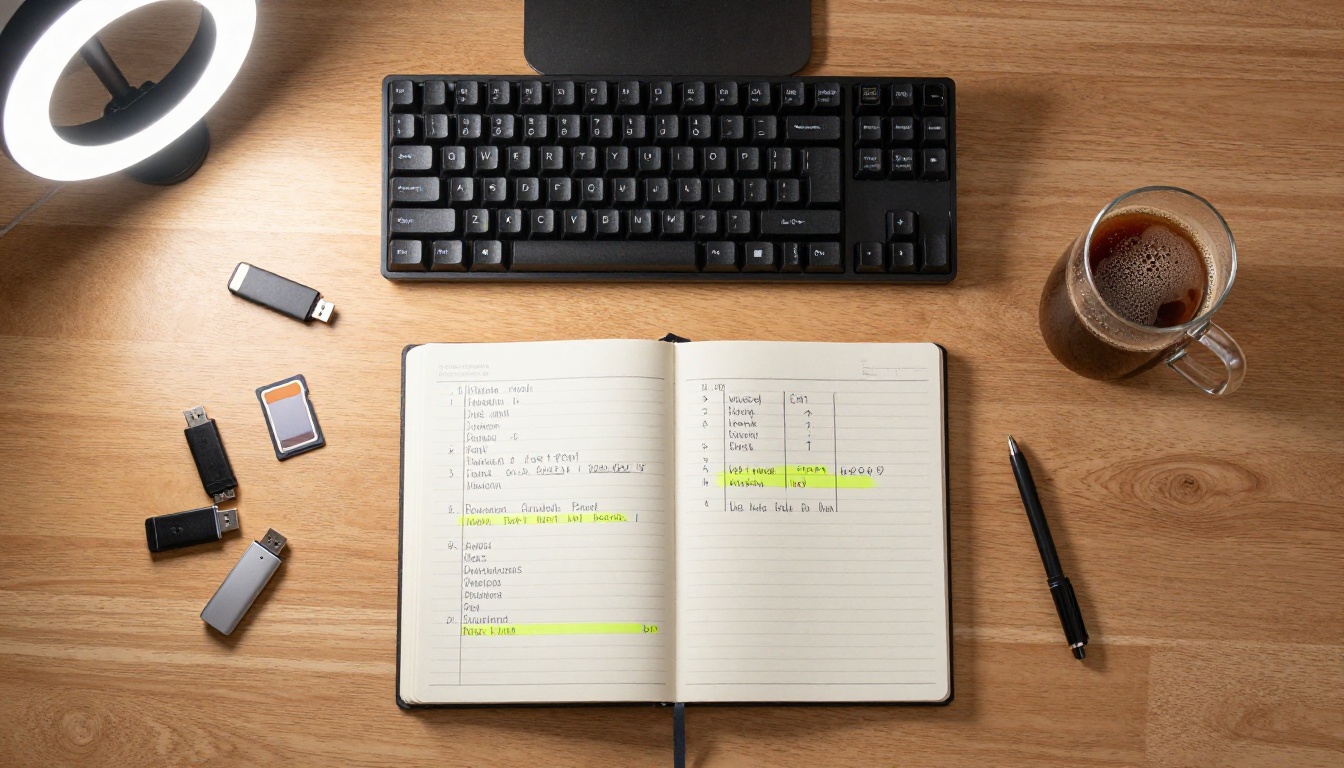 Creator desk with comparison notes, SD cards, and cold brew coffee Creator desk with comparison notes, SD cards, and cold brew coffee