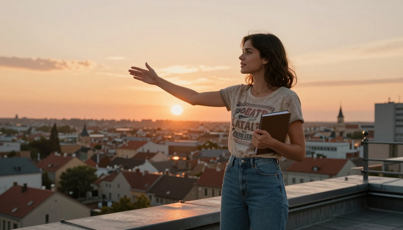 Young female director on rooftop at sunset gesturing at city, warm rim light