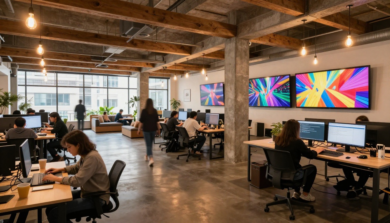 Modern coworking space with creators at standing desks and large wall screens Modern coworking space with creators at standing desks and large wall screens