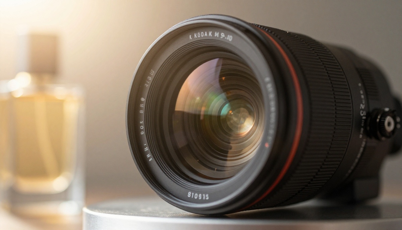 Camera lens capturing a luxury perfume bottle in a studio setting