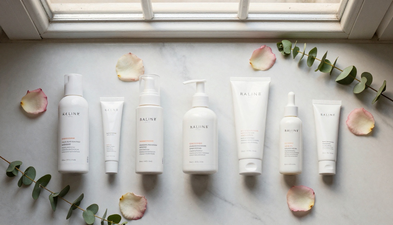 Aerial flat-lay of skincare product lineup on white marble surface