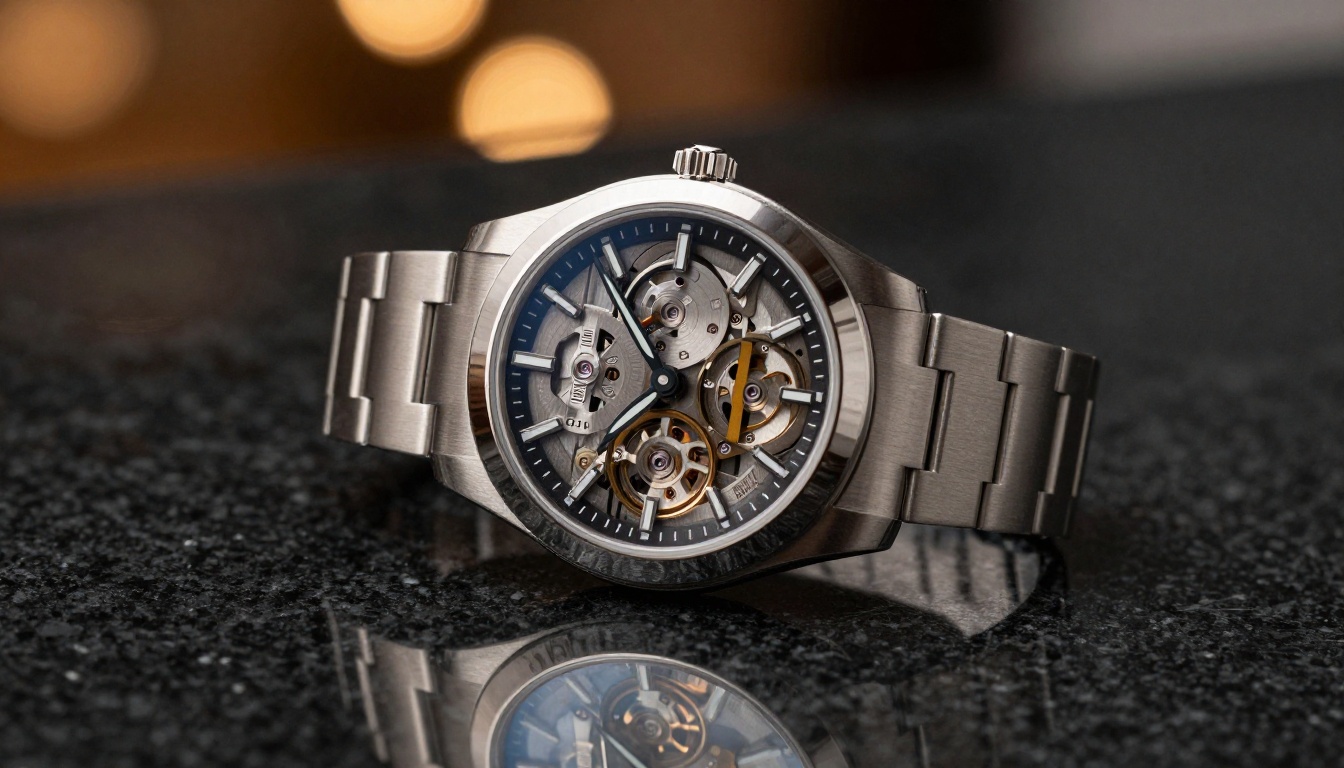 Low-angle shot of a luxury watch on polished black granite surface