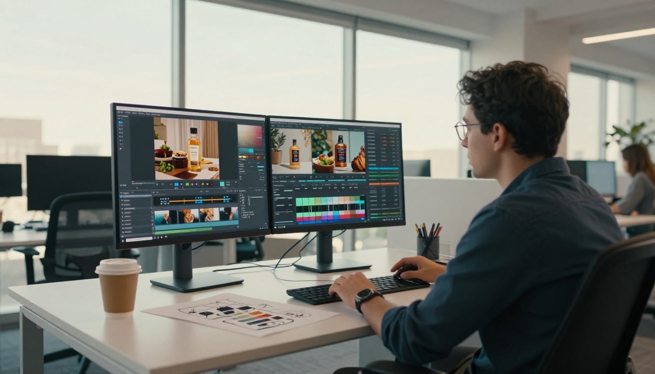 Creative director reviewing product ad footage on a large studio monitor