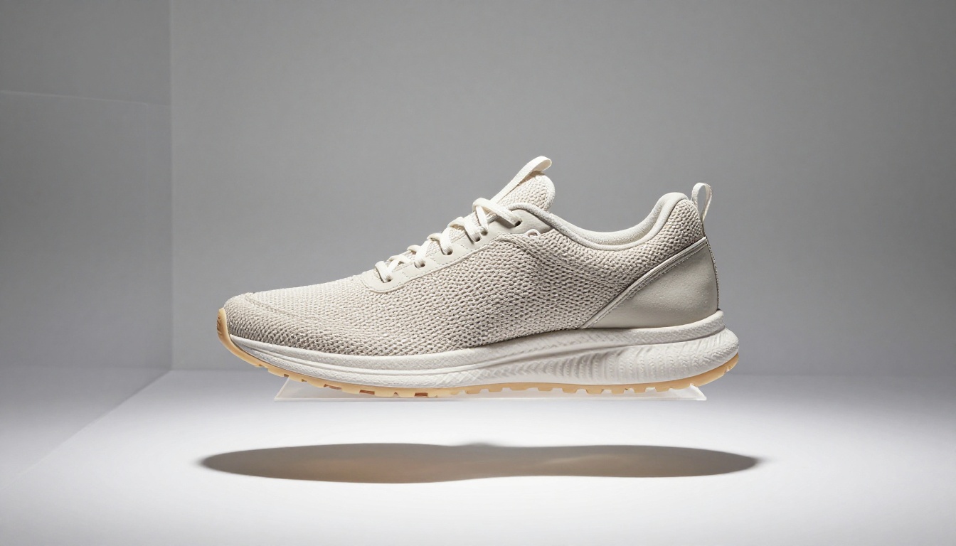 Fashion trainer sneaker displayed on acrylic platform in clean white studio