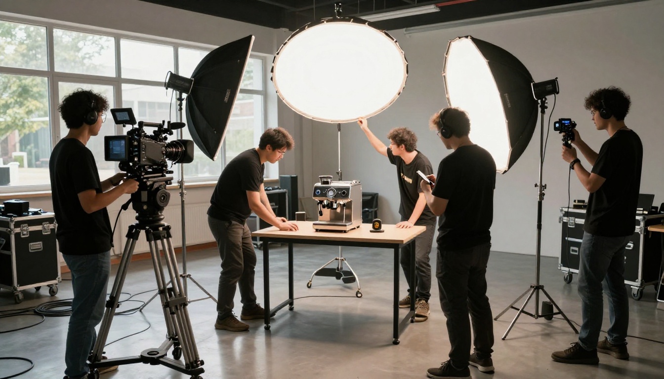 Professional video production set with cinema camera and lighting crew