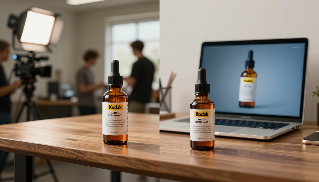 Split-view comparison of traditional product shoot versus AI video generation setup