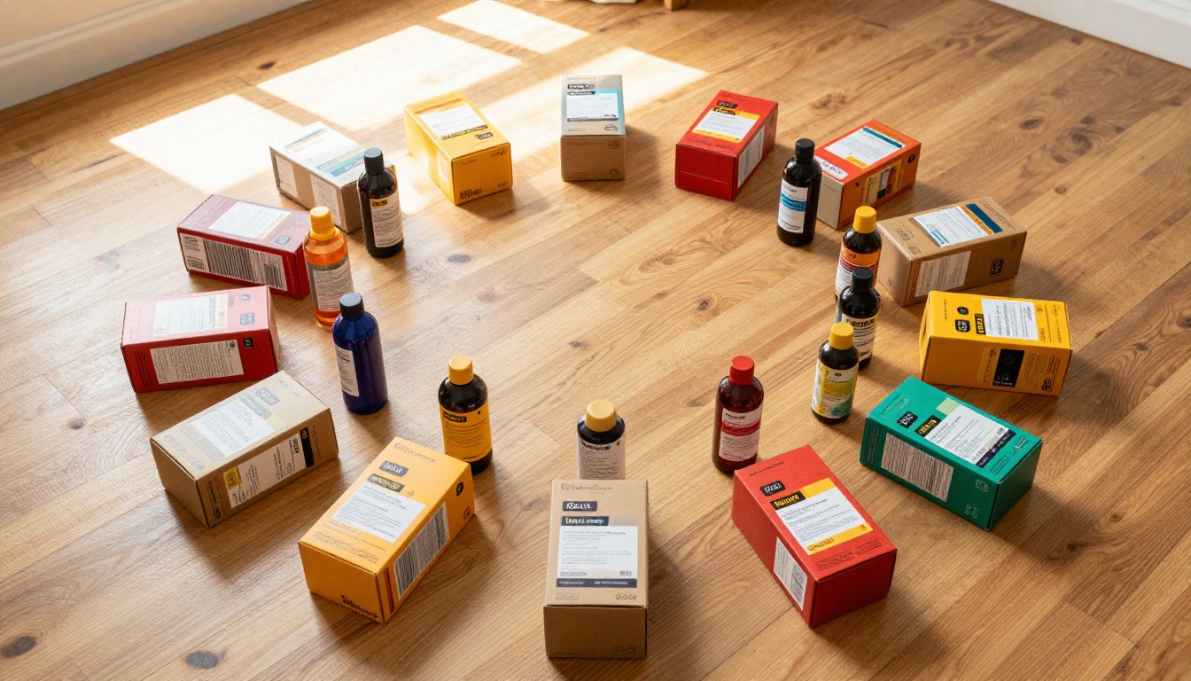 Overhead circular arrangement of multiple product packages on warm wooden studio floor
