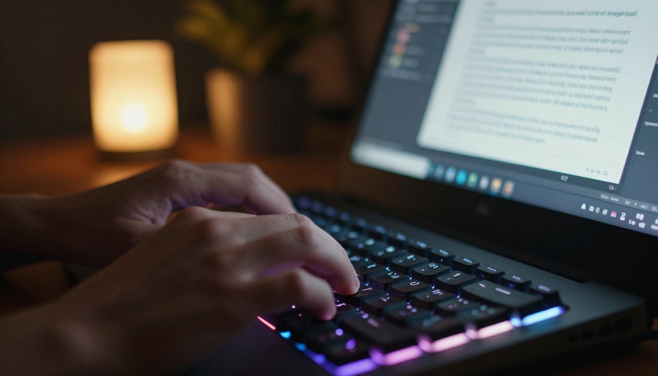 Hands typing a prompt into an AI image generation interface, tungsten lamp glow on mechanical keyboard Hands typing a prompt into an AI image generation interface, tungsten lamp glow on mechanical keyboard