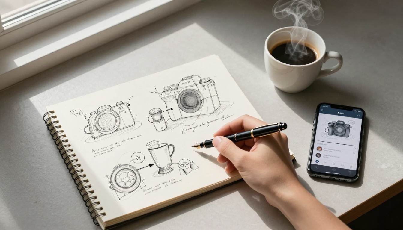 Creative workspace flat-lay with printed AI images, spiral notebook, fountain pen and espresso cup, morning window light Creative workspace flat-lay with printed AI images, spiral notebook, fountain pen and espresso cup, morning window light