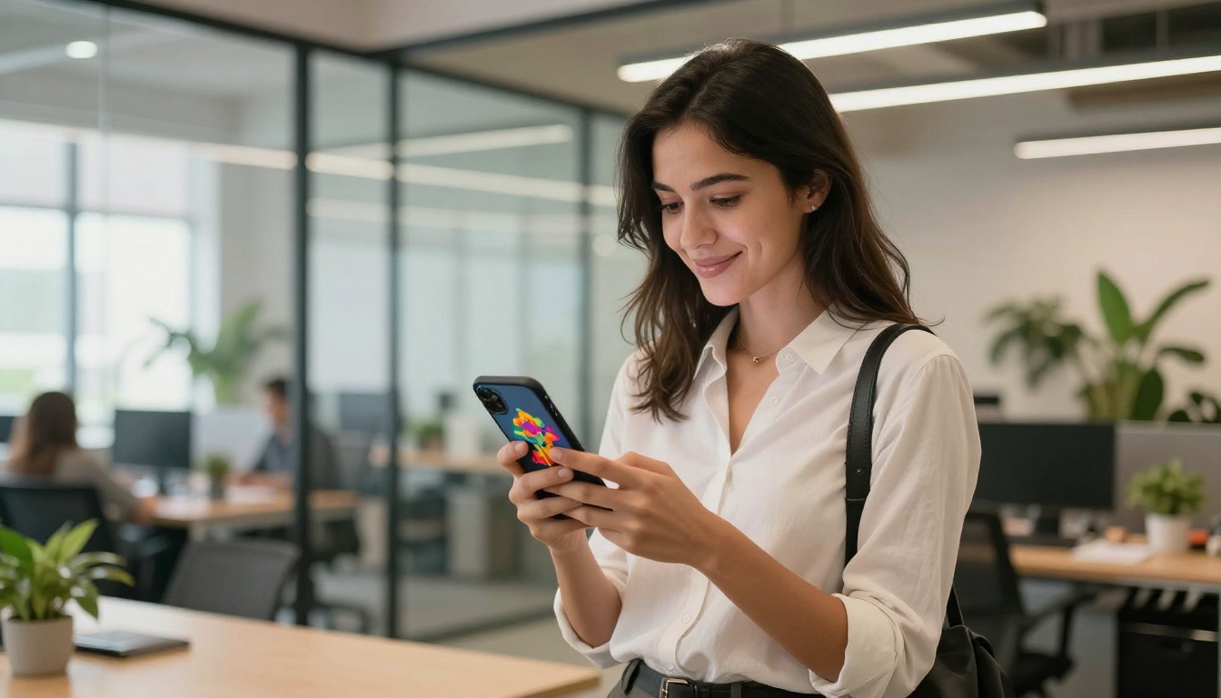 Young professional woman in modern co-working space looking at AI-generated artwork on her phone with satisfied expression Young professional woman in modern co-working space looking at AI-generated artwork on her phone with satisfied expression