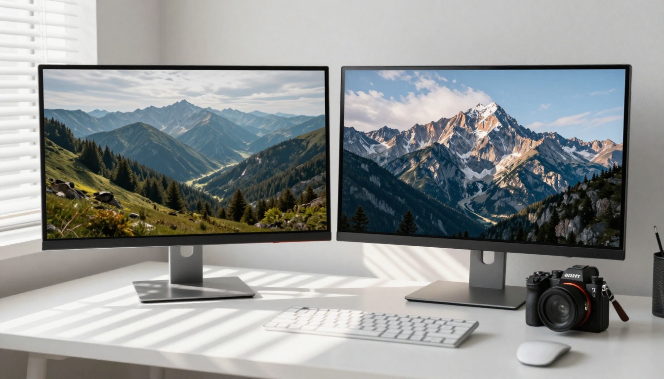 Dual monitor setup comparing blurry and sharp AI-generated image outputs side by side, afternoon venetian blind light stripes on desk Dual monitor setup comparing blurry and sharp AI-generated image outputs side by side, afternoon venetian blind light stripes on desk